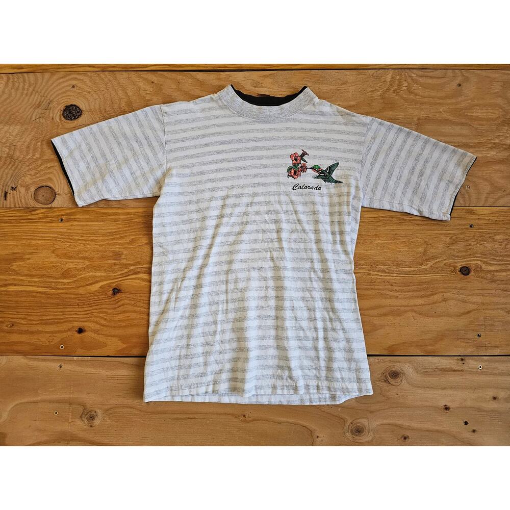 Colorado Hummingbird Flower T-Shirt Striped Gray Sz M 1990s